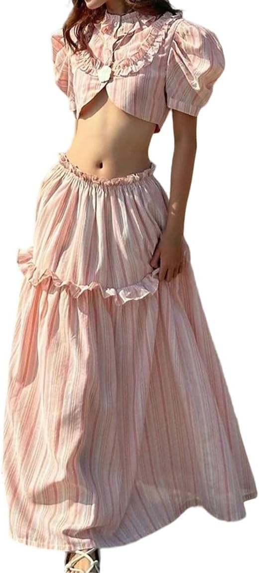 Women's Stripe Print 2-Piece Set Women Button Puff Sleeve Irregular Skirts Suit