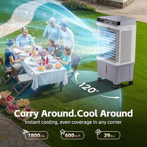 AKIRES 1800CFM Swamp Cooler,3-IN-1 Evaporative Air Cooler with 5.3 Gal Water Tank,6 Ice Packs,Evaporative Cooler with 12H Timer,2 Modes,3 Speeds,120°Oscillation，Cooling Fan for Indoor,Outdoor(32IN)
