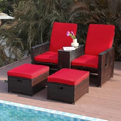 B BAIJIAWEI 5pcs Patio Wicker Loveseat - Outdoor Rattan Sofa Set with Cushion - Adjustable Lounge Chair with Ottoman Footrest, Wicker Furniture for Garden, Patio, Balcony, Beach, Coffee Bar, Deck