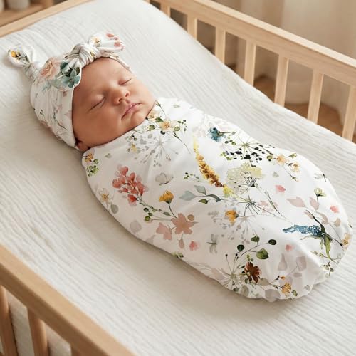 Image of Newborn Swaddle Set with Matching Headband Hat and Bow Set Floral Baby Girl Newborn Receiving Blankets Baby Swaddle Nursery Wildflower Baby Blanket (Blue Flowers)