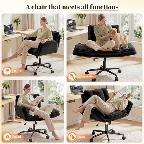 Image of DurayLoly Criss Cross Chair with Wheels, Fluffy Vanity Chair with 5-Gear Flip Armrests, Cross Legged Swivel Seat for Bedroom, Makeup Vanity, Home Office, Dorm, Black