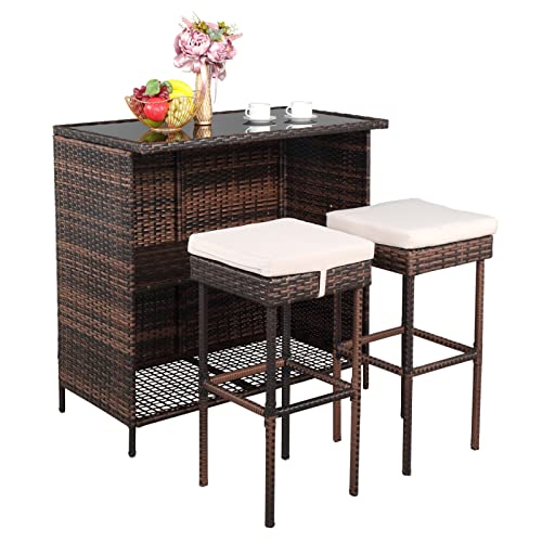 Outvita Wicker Patio Outdoor Bar Set with Glass Top Table