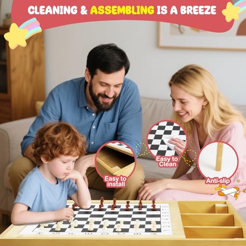 Girarvs Kid Activity Table with Storage, Play Table for Kids - Solid Wood Building Block Desk & Double-Sided Chess/Play Top, Includes Chess Set!Gift for Ages 3+