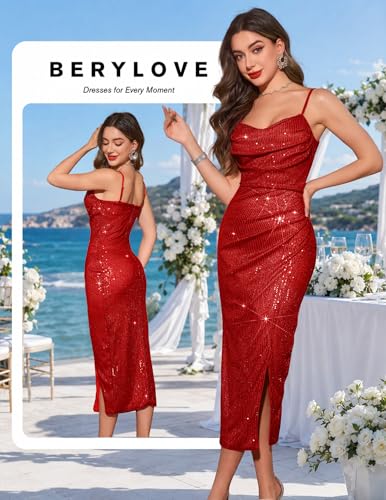 Image of BeryLove Summer Sequin Cocktail Prom Wedding Guest Dresses Sparkly Party Evening Formal Spaghetti Strap Dress