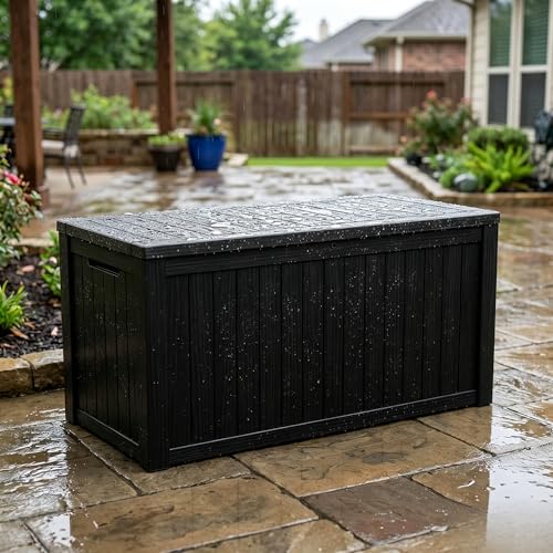 Image of 178 Gallon Resin Deck Box with Gas Lift Support - Outdoor Storage for Patio Furniture, Garden Tools & BBQ Accessories - Weatherproof Wood Grain Design with 660 Lbs Bench Seat (Lockable Lid)