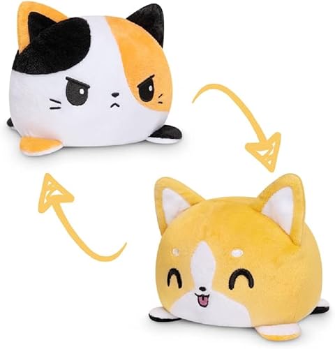 TeeTurtle - El peluche reversible original de gato + perro - Corgi + Calicó - Bonitos animales de peluche sensoriales que muestran tu estado de ánimo