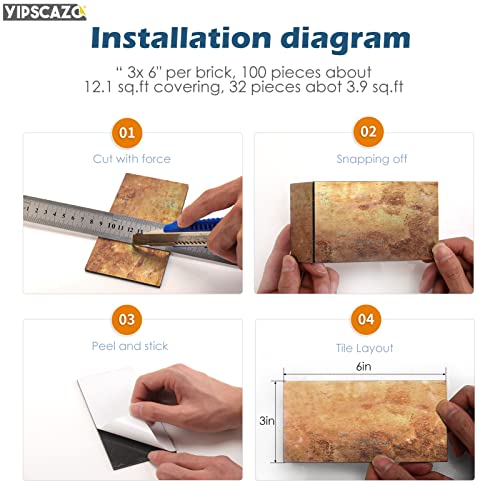 Yipscazo 100 Pcs Peel And Stick Backsplash Pvc Copper Wall Tile Stick On Backsplash Tile For Kitchen Bathroom, Laundry Room, Camper, Fireplace (2.95" X 5.90", Brick) #TOP3