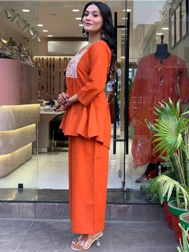 Image of Women's Rayon Kurti Set with Palazzo Pants | Embroidered V-Neck A-Line Short Kurti with 3 /4 Sleeves | Casual Ethnic Co-Ord Set for Daily Wear, Office & Festive