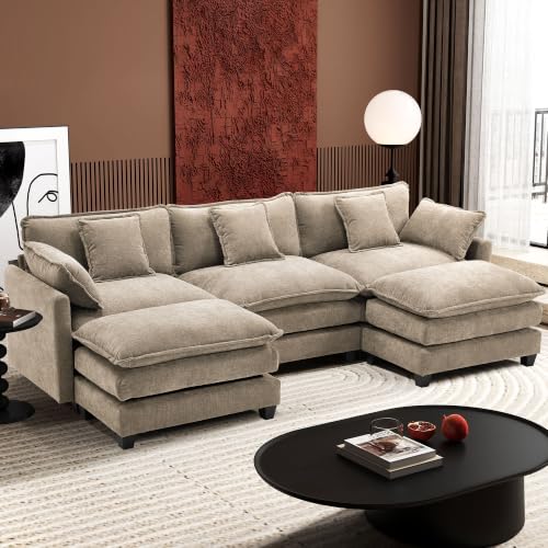 Image of Ihanherry 111.4 inch U Shaped Modern Sofa Modular Sectional Luxurious and Comfortable with 2 Ottoman, 5-Seat Chenille Deep Seat Sofa with Pillow for Living Room, Bedroom and Apartment, Sand