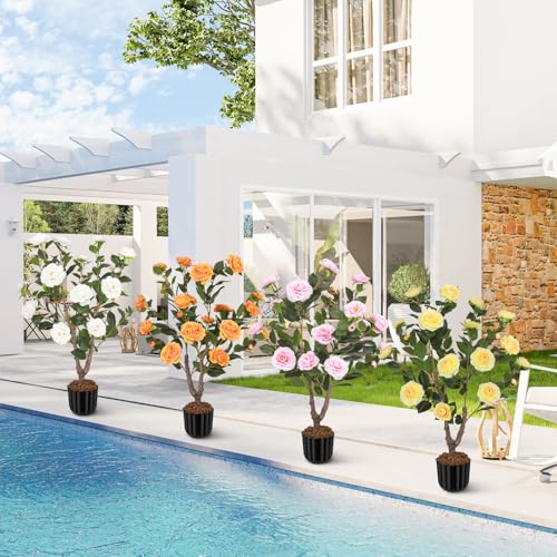 Artificial Camellia Tree for Indoor and Outdoor, Faux Flower Tree Plant in Pot Fake Topiaries for Home Front Porch Decor(1, Yellow) - Thumbnail 6