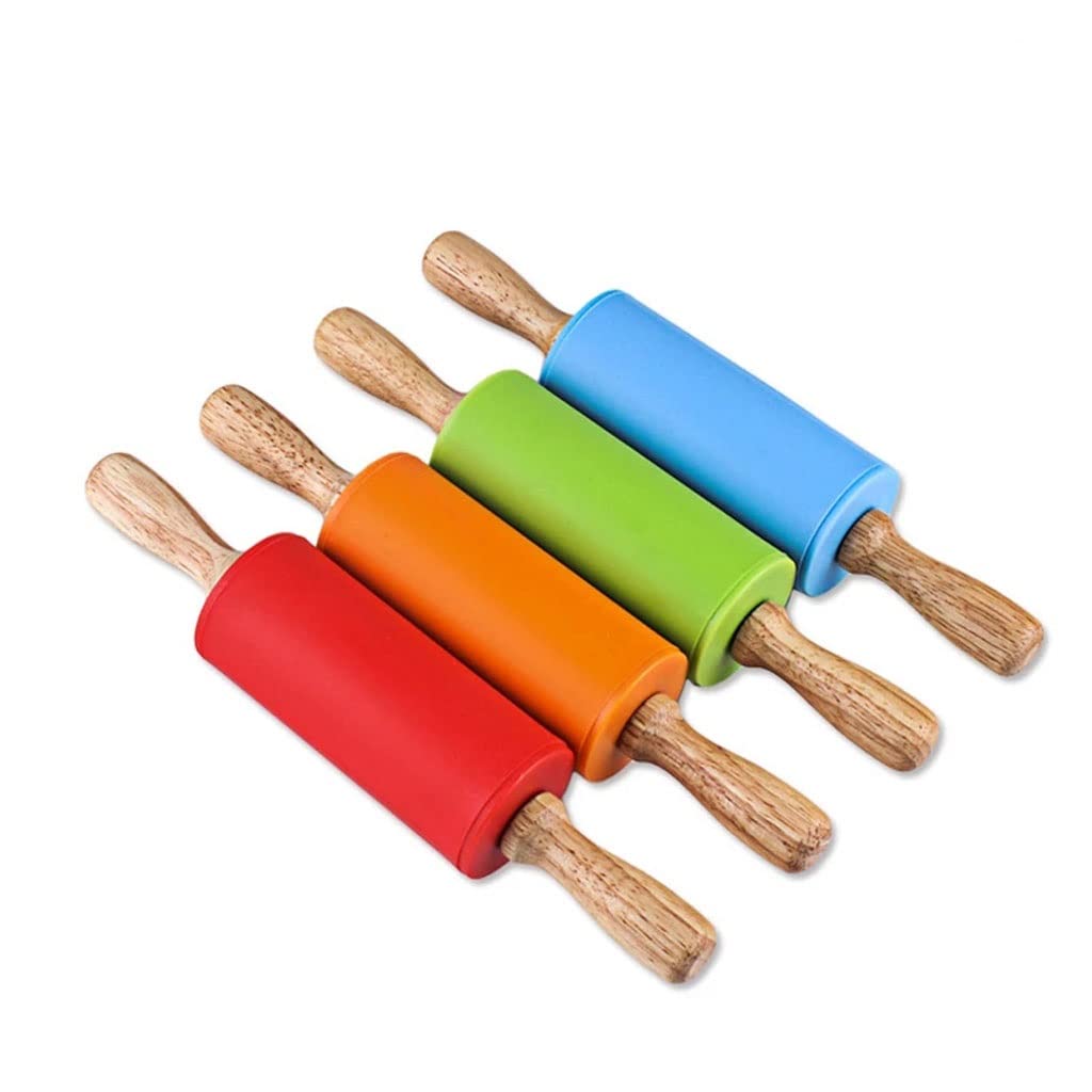 JFDBGU 23 cm Mini Silicona Rolling Pin 4 Colores Dulces Manejo de Madera Maniña Antiadherente Roller Parent Bricolaje Herramientas for Hornear