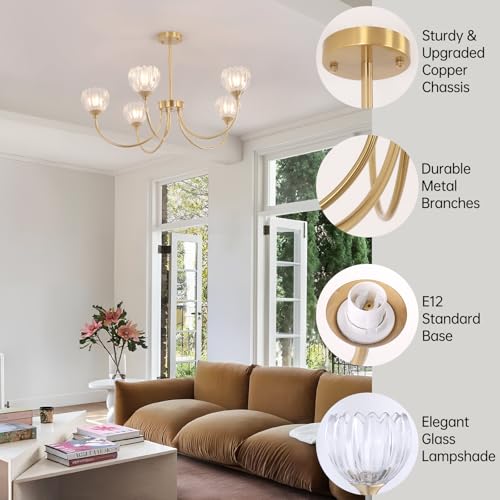 Image of Shenmoyl 30.31 inch Brass Gold 5-Light Chandelier, 5-Arm Clear Tulip Glass Pendant Light Fixture, Height Adjustable Vintage Branch Chandelier for Dining Room Living Room Kitchen Island Farmhouse