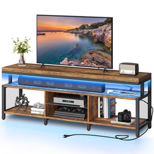YITAHOME LED Television Stands w/Power Outlets for 70/65 inch, Modern Industrial TV Stand, Entertainment Center w/Open Storage, Entertainment Center for 360lbs for Living Room, Retro Brown