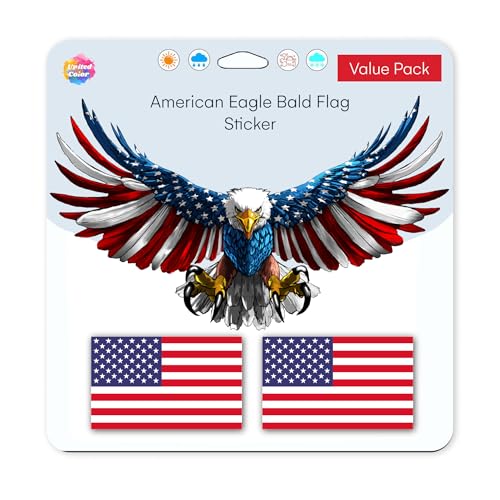 United by Color American Flag Sticker 8x4 - Strong Adhesive Waterproof Bald Eagle Sticker - Does not Fade, Used for Truck, Hard hat, Helmet, Laptop, RV, Water Bottle, Boat (Pack of 1)