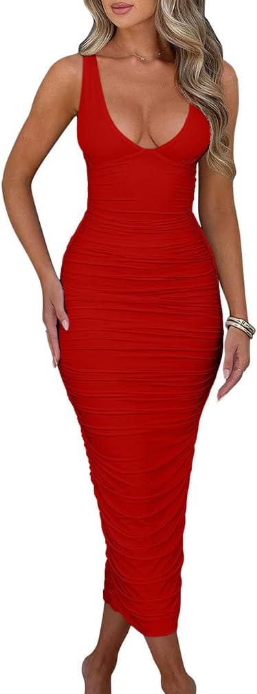 BEAGIMEG Women's Sexy Ruched Sleeveless Deep V Elegant Cocktail Evening Party Maxi Dress