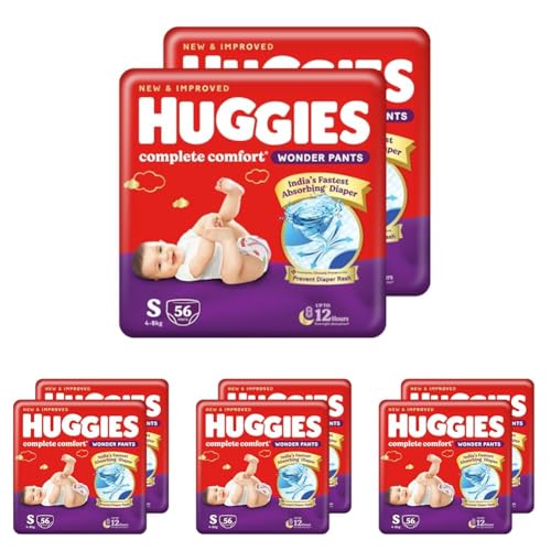Image of Huggies Complete Comfort Wonder Pants | Pant Style Baby Diapers Small Size (S), 112 Count | India's Fastest Absorbing Diaper, Prevents Diaper Rash, Ideal for 4 to 8 Kgs (56 Count, Pack of 8)