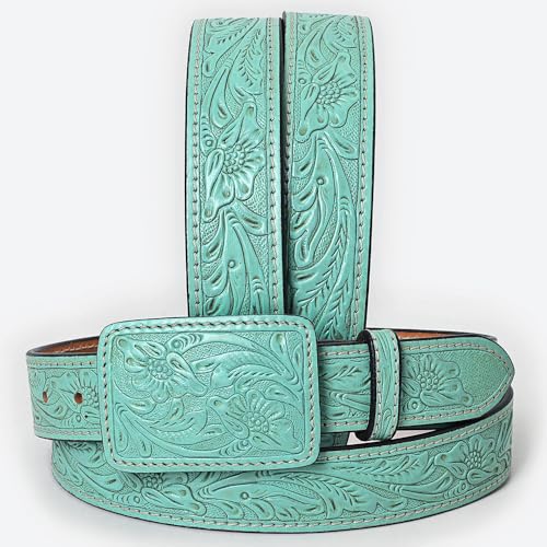 American Darling Beautifully Hand Tooled Turquoise Genuine American Leather Belt Men and Women Western Belt with Removable Buckle4