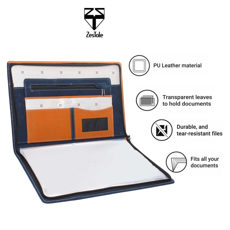 Image of ZesTale Leatherette Document File Folder | Multipurpose Professional File Folders for Certificates Holder for Men and Women Set of 1 (Color: Blue and Brown)