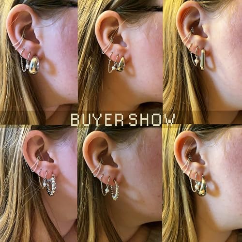 6 Pairs 14K Gold Hoop Earrings for Women Lightweight Chunky Hoop Earrings Multipack Hypoallergenic, Thick Open Twisted Huggie Hoops Earring Set Jewelry for Gifts. 5