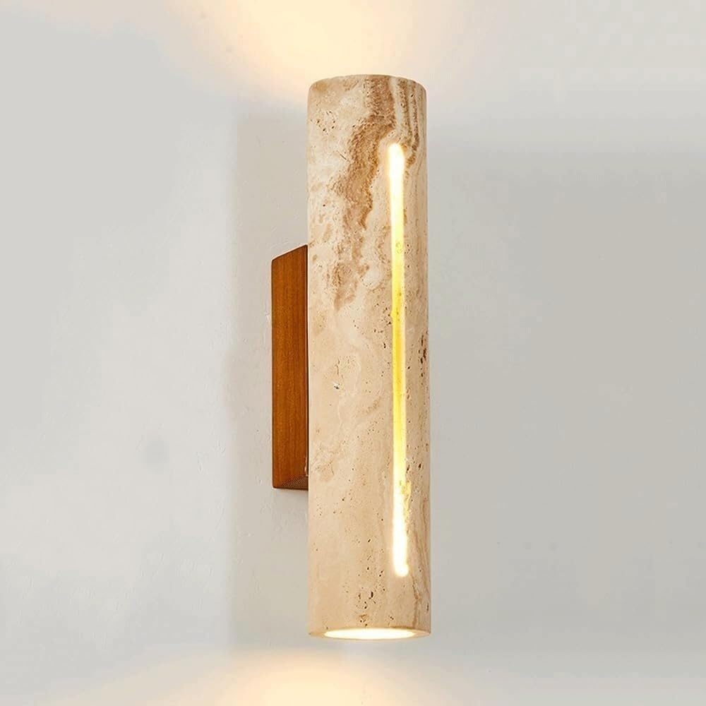 BFFGKGL Modern Cylindrical Hallway Wall Sconce Mid Century Cream Wind Marble Wall Light Up Down Lighting Japanese Style Vintage Yellow Travertine Bedroom Wall Mounted Lamp For Bedside Aisle Stairs