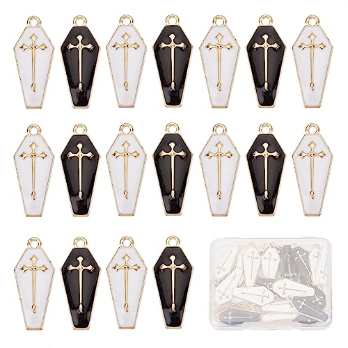 SUNNYCLUE 1 Box 30Pcs Coffin Charms Gothic Style Halloween Enamel Charm Black White Golden Cross for jewellery Making Cham Necklace Earrings Bracelets Keychain Men Women DIY Supplies