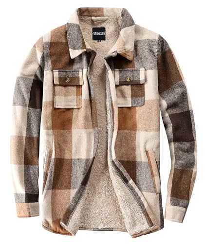 Elesuit Damen Sherpa Gefüttert Flanell Hemdjacke Plaid Button Down Jacke Mantel für Frauen mit Tasche, Helles Braun, X-Klein