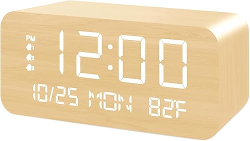 Miniatura 2 de JALL Reloj despertador digital, con pantalla LED electrónica de madera, 3 ajustes de alarma, carga inalámbrica de 10 W, día de la semana, detección