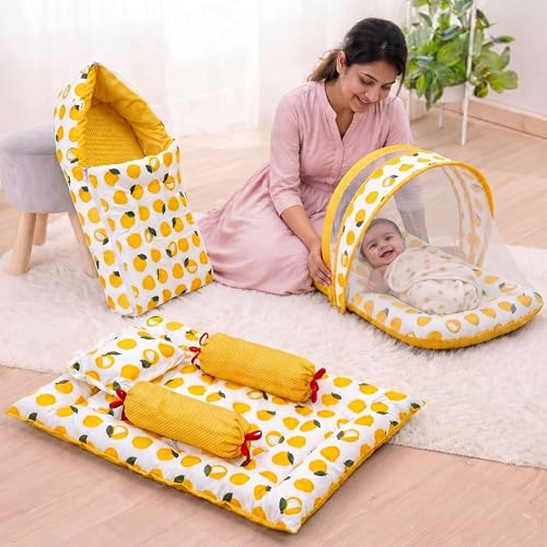 Image of Infantbond Designer Mattress with Net | Baby Sleeping Bag | Carry Bed (0-6 Months) (Lemon Yellow)