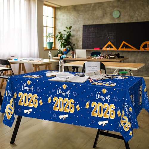 Image of QZYL 4 Pack Graduation Decorations 2026, 54 inch x 108 inch Blue and Gold Disposable Graduation Table Cloths, Grad Party Decorations for Class of 2026, Rectangle Plastic Tablecover for College Congrats Grad