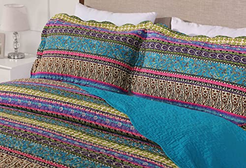 Chezmoi Collection Odette 3-Piece Boho Chic Blue Pink And Purple Pre-Washed 100% Cotton Bohemian Bedspread Quilt Set, King Size #TOP2