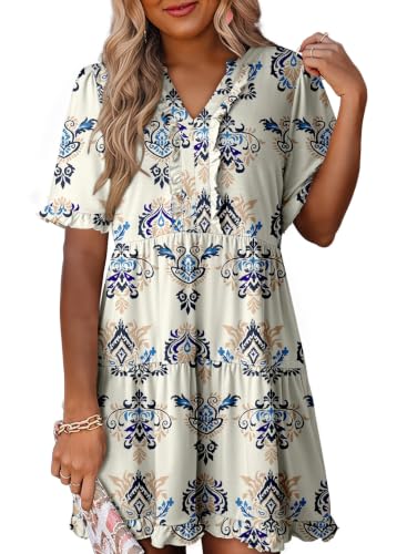 Image of Dokotoo Womens Summer Dresses 2026 V Neck A Line Short Sleeve Casual Ruffle Babydoll Mini Dress