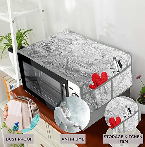 Image of Microwave Oven Top Cover Dustproof 2-Layered Polyester Fabric with 4 Utility Pockets Washable Kitchen Appliance Protector (Grey, 36x14 Inch, Up to 30 Liter)