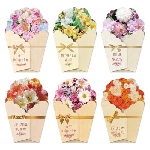 WDphouly Flower Shaped Mother’s Day Cards Set, 6 Pack Mothers Day Cards with Envelopes & Stickers, 6 Floral Designs Mothers Day Cards for Mom Wife Women