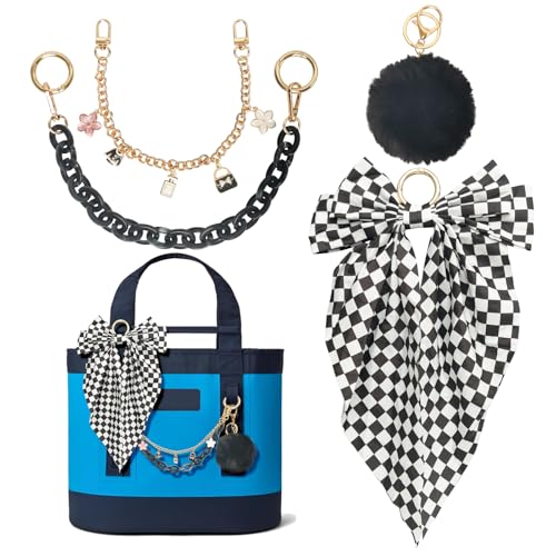 Kaitiaki 4PCS Tote Bag Decor Kit Decorative Bow & Pom Pom Accessories Compatible with YETI Camino 20/35/50 Carryall Bogg Beach Tote Bags (Checkerboard Chic)