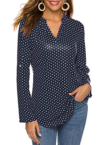 Halife Vintage Polka Dot Long Sleeve Tops For Juniors V Neck Pullover Tunic Tops Shirt Navy Blue S #TOP1