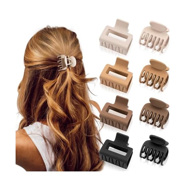 Matte Hair Clips for Women and Girls – Rectangle and Double Row Small Claw Clips for Thin/Medium Fine Hair – Nonslip Jaw Clips (Beige, Khaki, Brown, Black)