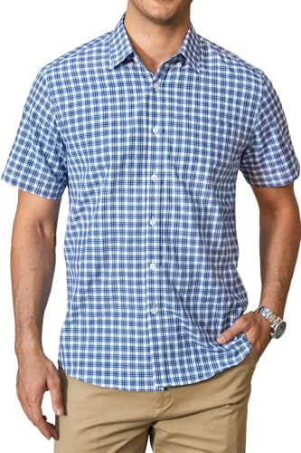 HISDERN Checked Shirt Mens Short Sleeve Casual Navy Blue Plaid Summer Shirts for Men Formal Business Button Down Gingham Checkered Work Regular Fit with Pocket L