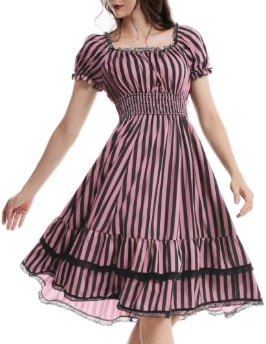 Image of Scarlet Darkness Womens Gothic Pirate Corset A Line Midi Dress with Pockets | Convertible Square /Off Shoulder, Puff Sleeves, Smocked Waist, Pockets, Tiered A-Line Hem. For Daily, Gothic & Witch Cosplay