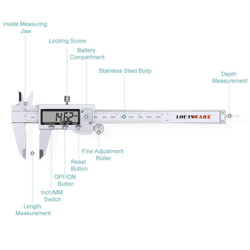 Pie de Rey Digital, LOUISWARE 150 mm /6 Pulgadas de Calibre Digital Electrónica, Paquimetro Profesional de Acero Inoxidable, Gran Pantalla Lcd, Durable, Medir Diámetro Interno, Diámetros y Profundidad