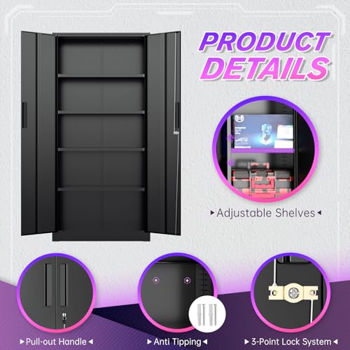 Superday Metal Storage Cabinet, 72" Garage Storage Cabinets with Lock, Black Metal Cabinet with 2 Doors and 4 Adjustable Shelves for Home Office, Classroom, File, Easy Assemble - Image 6