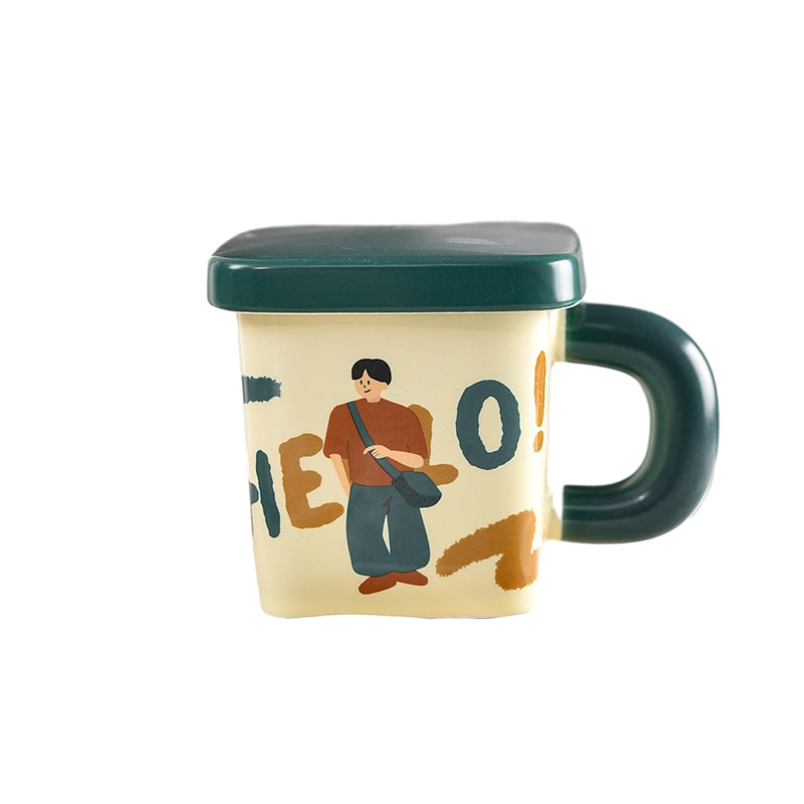 Taza cuadrada de cerámica de 380 ml con tapa, color verde, 380 ml