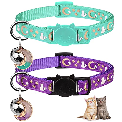 Image of 2PCS Breakaway Cat Collars with Bell Moons Stars Cute Kitty Adjustable Safe Kitten Collars with Pendant Glow in The Dark(Purple&Teal)