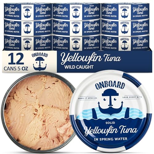ONBOARD Premium Yellowfin Tuna in Spring Water - 12 Pack Solid Light 5 Oz Cans Sustainably Wild Caught Canned Tuna, Non GMO, Gluten Free, Tinned Fish 24g Protein – Ingredient Rich Tuna for Salad and Recipes