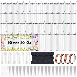 50 Pack Sublimation Tumblers Bulk, 20 oz Sublimation Tumbler Blank, Stainless Steel Sublimation Cups with Lid and Straw, Shrink Wrap, Sublimation Paper, Individually Boxed