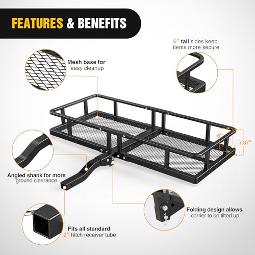 Image of Nilight 60 inch x 20 inchx 7.87 inch Folding Carrier Fits 2-Inch Receiver 500 Lbs Capacity Bag Net Ratchet Straps Lock Stabilizer for SUV Pickup RV Van
