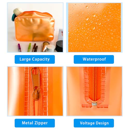 Pure Colour Transparent Glue Bone PVC Cosmetic Bag Organizer 7.09 x 2.56 x 4.72inch Waterproof Blue Makeup Bag for Toiletries, Clear Cosmetic Bag for Women (Orange)3