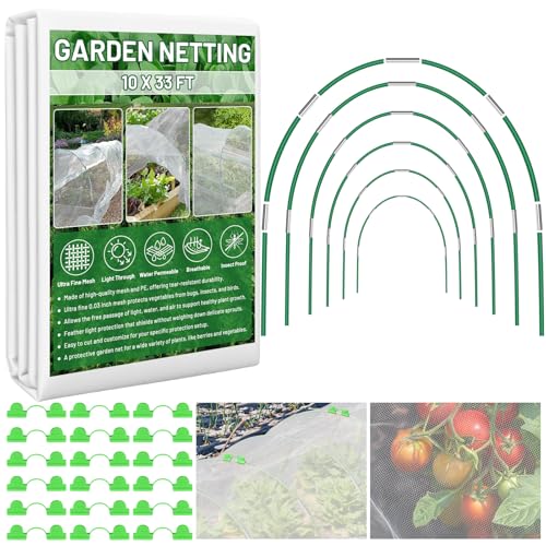 Sunwinx Garden Mesh Netting Kit for Raised Beds 10x33FT Ultra Fine Mesh Netting&6 Sets 8FT Fiberglass Garden Hoops Insect Netting Row Cover Pest Barrier Protection for Vegetable Fruits Flowers