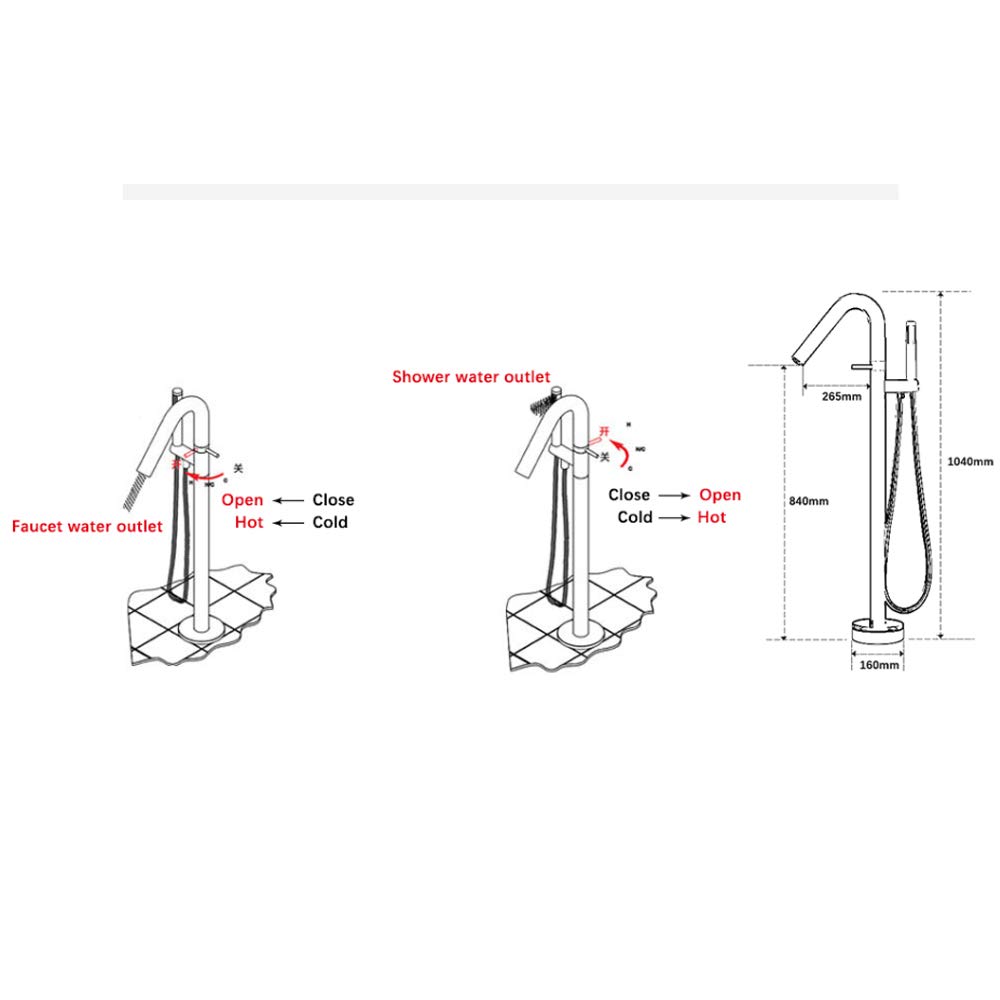 Rubinetto per lavello da Cucina, Rubinetto per Vasca da Bagno Moderno autoportante con Acqua Calda e Fredda, Set in Ottone, Miscelatore Doccia a Pavimento monocomando, doccetta ret