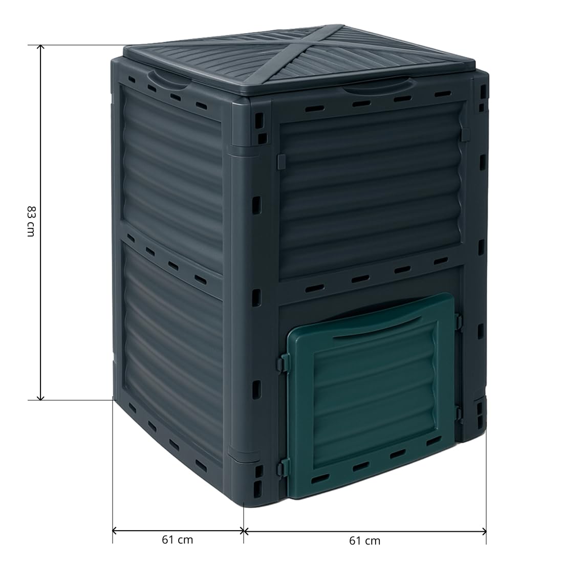 Acomoda Textil – Compostador de Jardín 300L 61×61×83 cm con Tapa Abatible y Ventilación Lateral para Reciclaje Orgánico y Producción de Compost Natural en Hogares y Huertos
