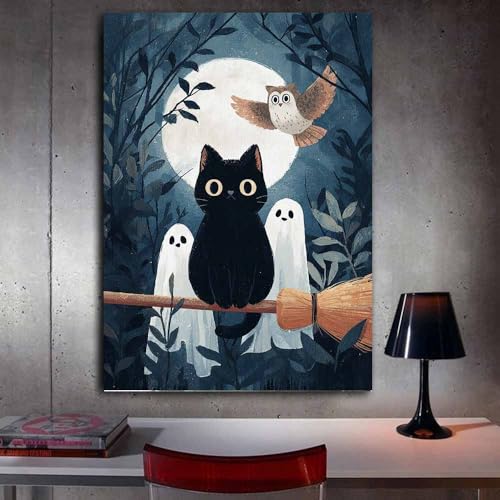 Toile Halloween chat noir et fantômes | Solution déco murale prête à suspendre - 3